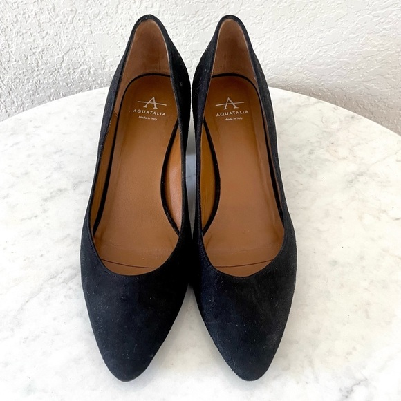 Aquatalia Black Suede Almond Toe Block Heels Size 5 1/2 - Picture 1 of 6